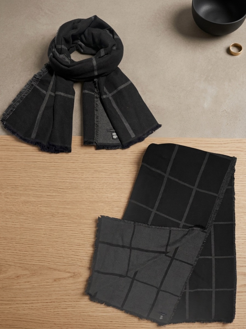 Love & Lore Indigo Eco Blanket Scarf Charcoal Gray Black Plaid Windowpane NWOT